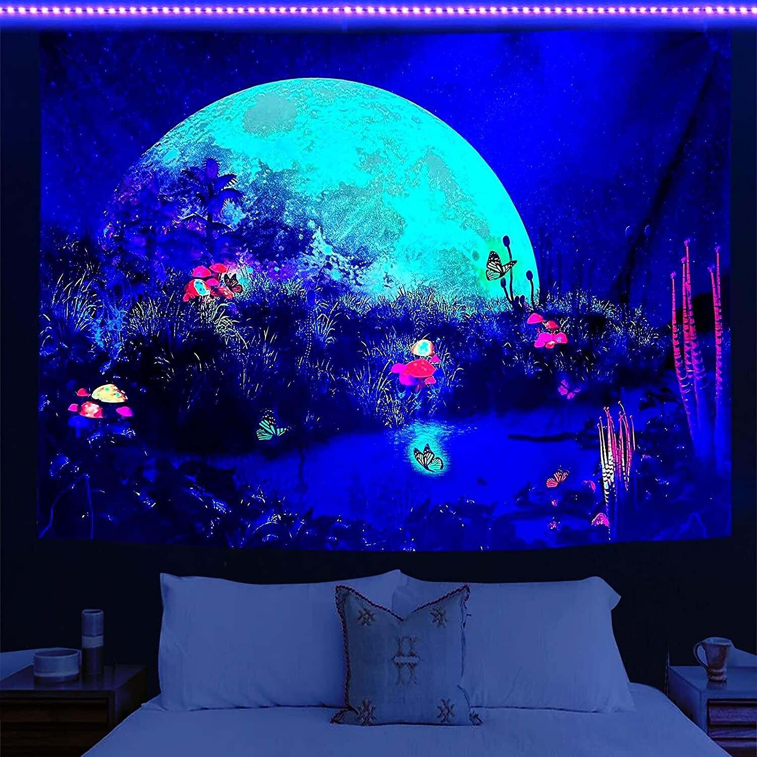 Blacklight Tapestry UV Reactive Trippy Misty Moon Butterfly