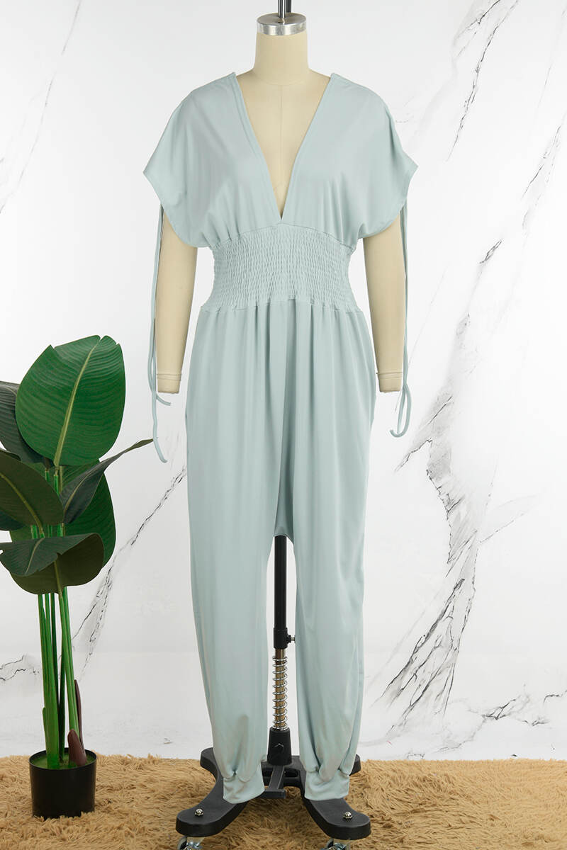 Blue Casual Solid Patchwork Draw String V Neck Loose Jumpsuits