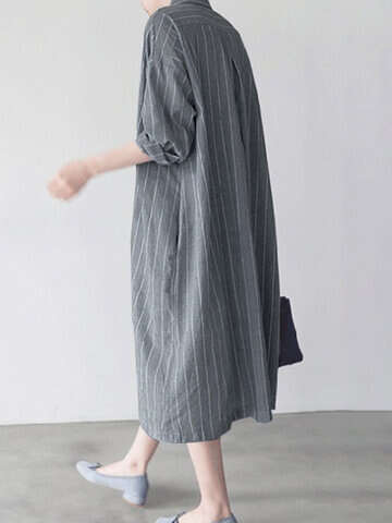 Women Casual Dresses | Stripe Button Lapel Casual Cotton Shirt Dress - MM26448