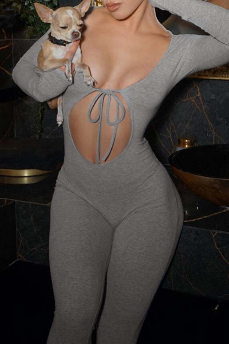 Grey Sexy Casual Solid Hollowed Out Frenulum O Neck Skinny Jumpsuits