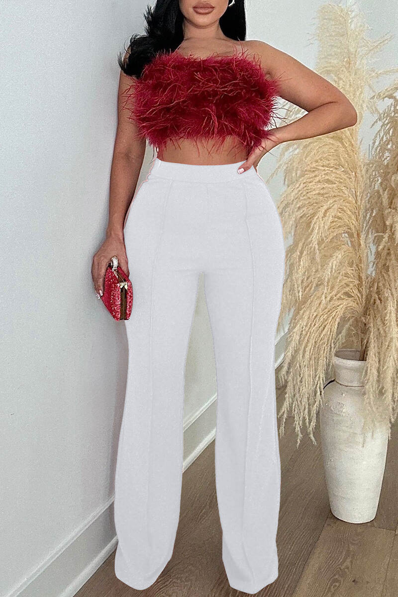 Red Casual Solid Basic Regular High Waist Conventional Solid Color Trousers