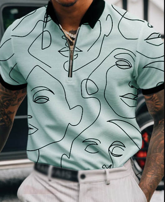 Casual Plain Graphic Human Face Zipper Lapel Collar Short Sleeve Polo Shirt