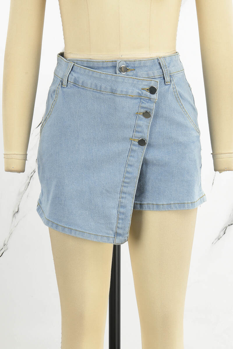 Light Blue Street Solid Patchwork Pocket Buttons Mid Waist Regular Denim Shorts