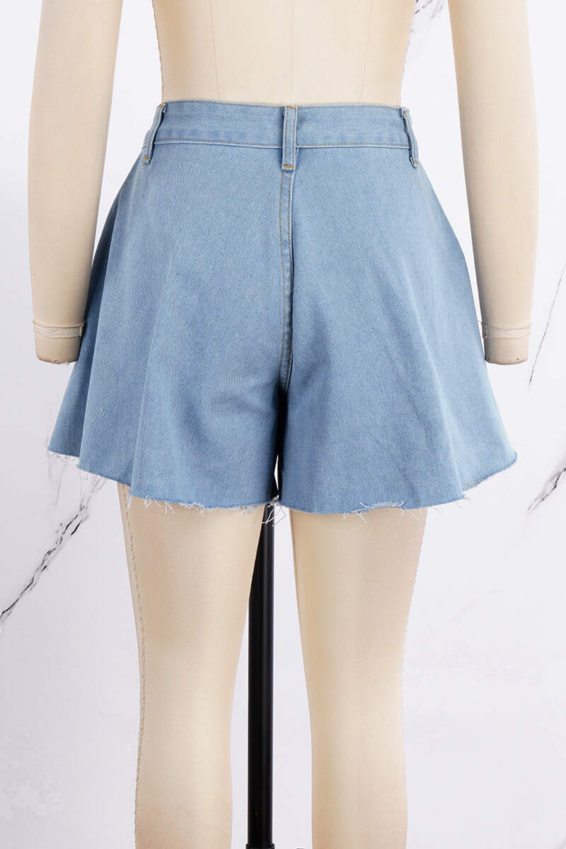 Blue Casual Solid Patchwork High Waist Regular Denim Shorts