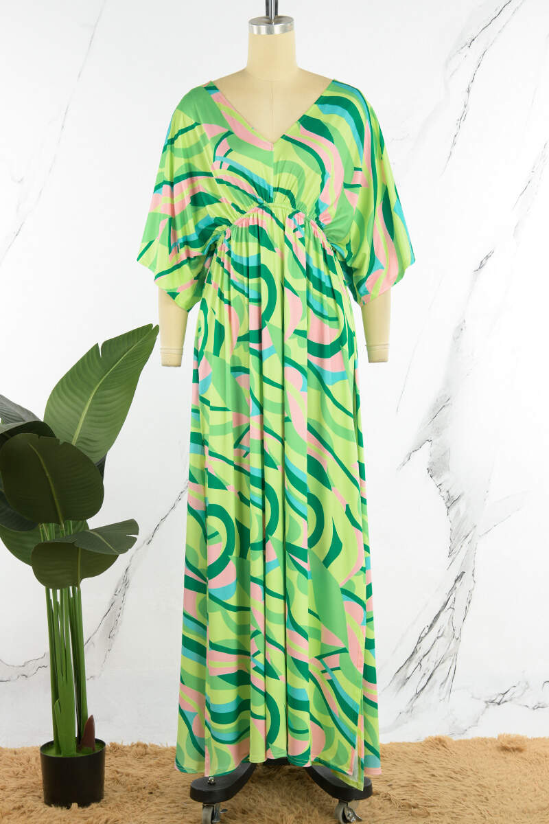 Green Casual Print Patchwork Slit V Neck Long Dress Dresses