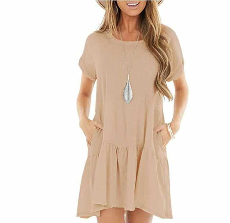 Round neck short sleeve large hem mid-length dress