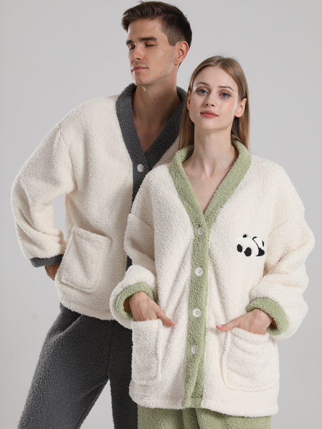 Casual Plain Loose V Neck Long Sleeve Couple Pajama Set