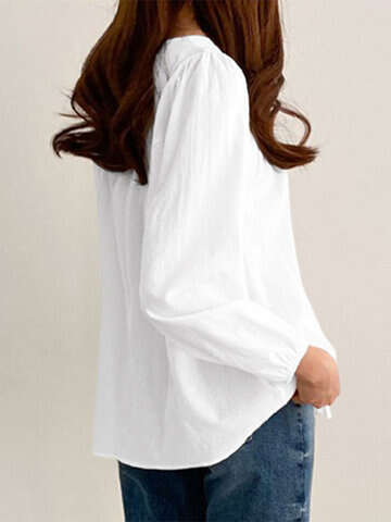 Women Blouses & Shirts | Solid Casual Keyhole Back Long Sleeve Crew Neck Blouse - DY11806