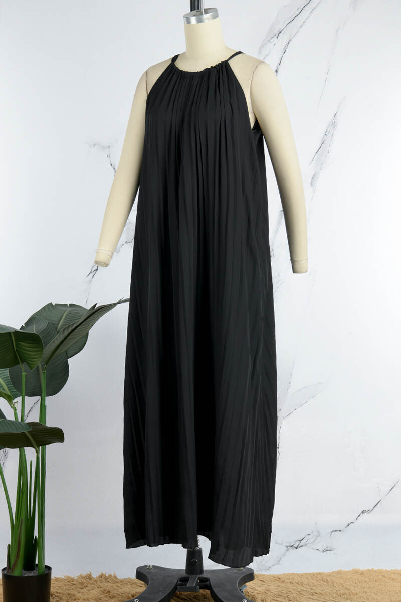 Black Casual Solid Frenulum Pleated O Neck Long Dress Dresses