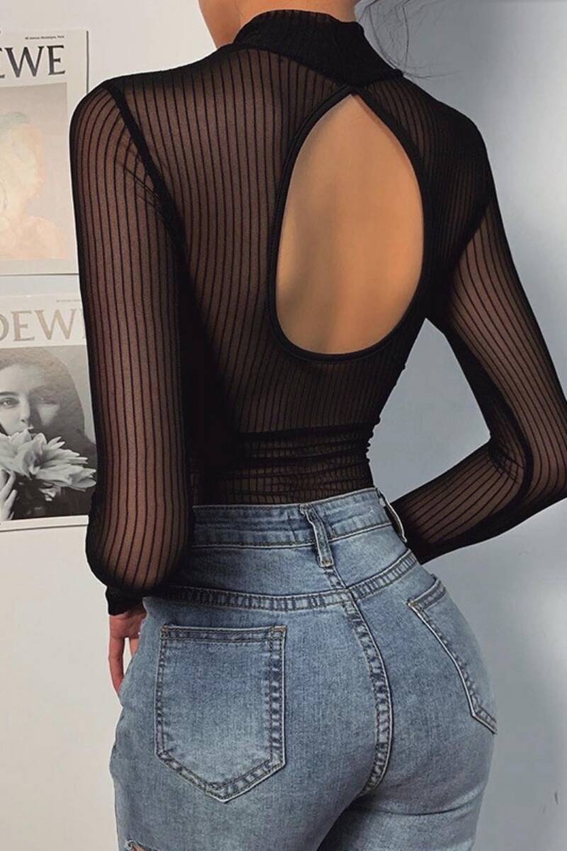 Black Sexy Solid See-through Half A Turtleneck Skinny Romper