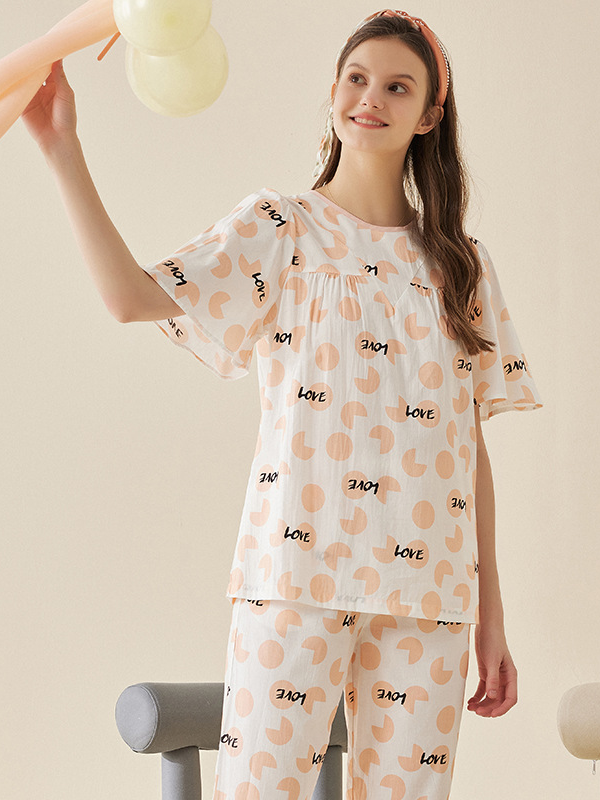 Modal Simple Letter Pattern Regular Fit Short Sleeve Pajama Set