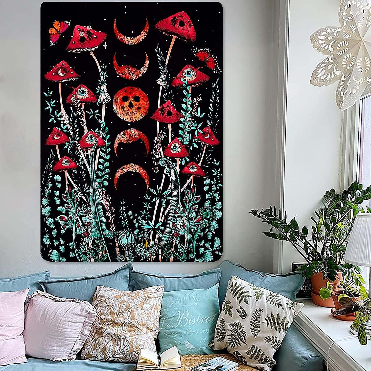 Trippy Mushroom Wall Tapestry Art Decor Moon Phase Plant