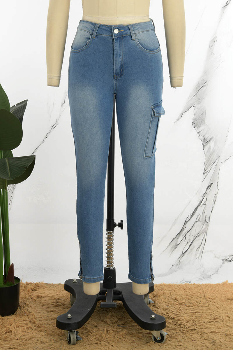 Blue Casual Solid Patchwork High Waist Skinny Denim Jeans