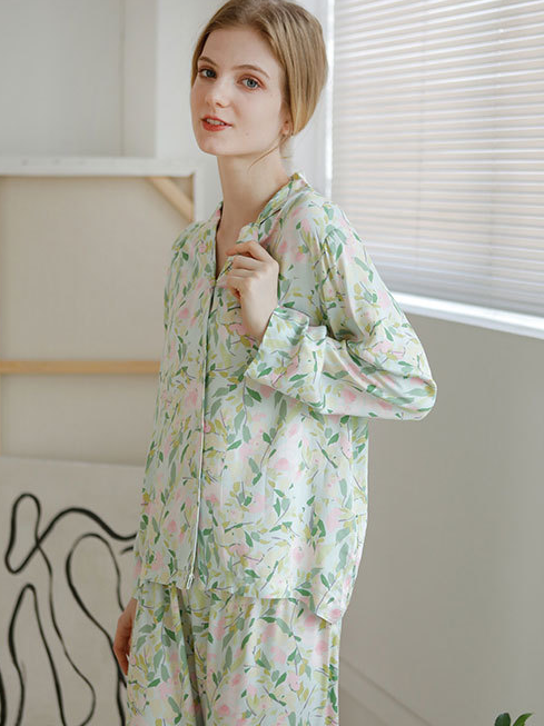 Floral Casual V Neck Regular Fit Long Sleeve Pajama Set