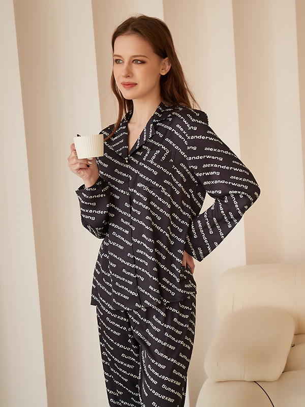 Elegant Ice Silk V Neck Loose Long Sleeve Pajama Set