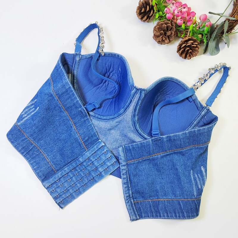 The cowboy blue Sexy Solid Patchwork Backless Beading Rhinestone Spaghetti Strap Tops