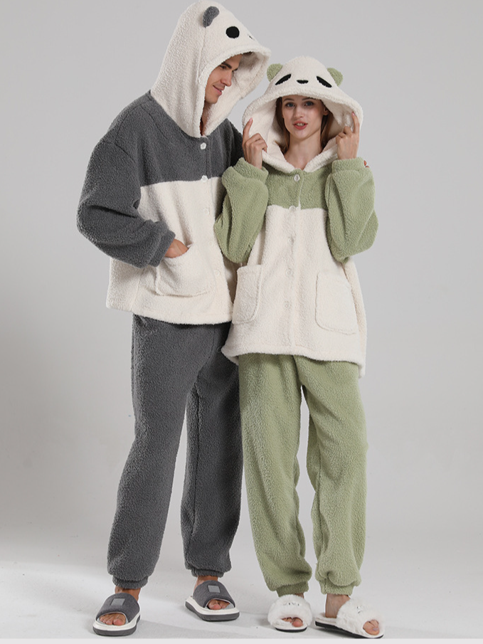 Flannel Loose Simple Long Sleeve Couple Pajama Set