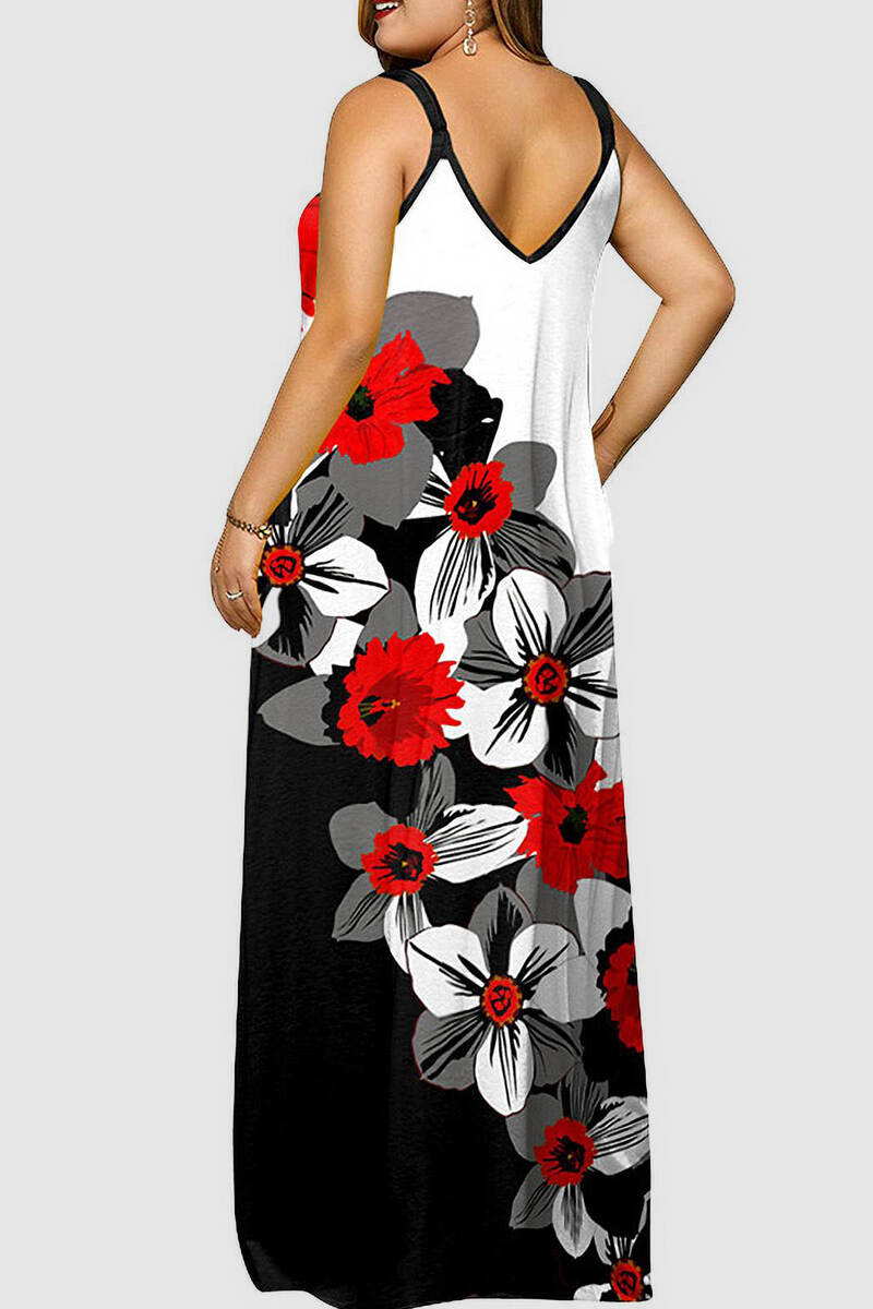 Black Red Casual Print Backless Spaghetti Strap Long Dress Dresses