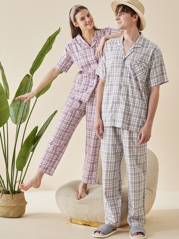 Plaid Cotton Casual V Neck Short Sleeve Couple Pajama Set