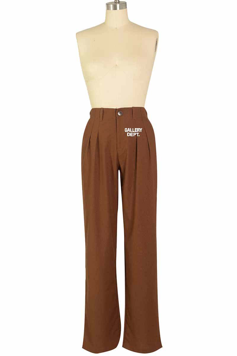 Khaki Casual Print Letter Mid Waist Straight Bottoms