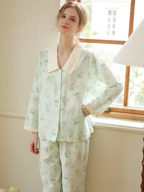 Simple Regular Long Sleeve Floral Cotton Regular Fit Pajama Set