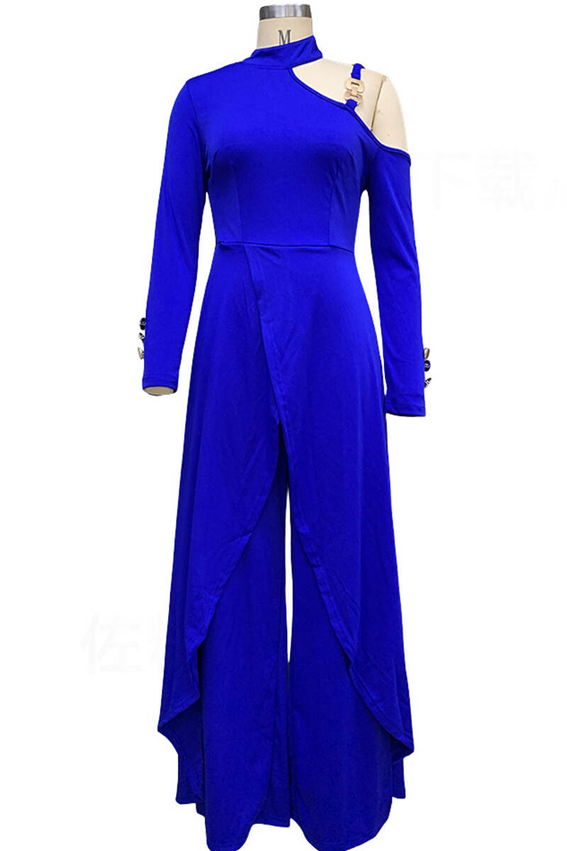 Royal Blue Elegant Solid Patchwork Buttons Metal Accessories Decoration Halter Loose Jumpsuits