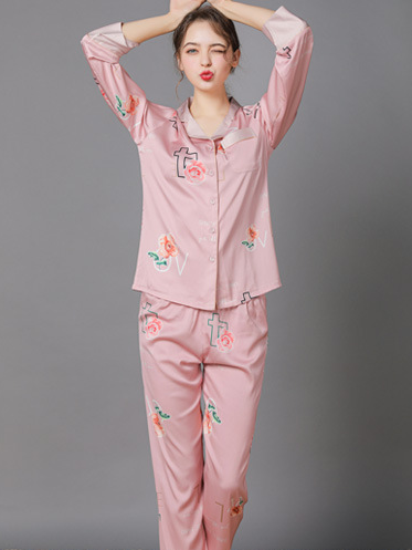 Floral V Neck Casual Regular Fit Long Sleeve Pajama Set