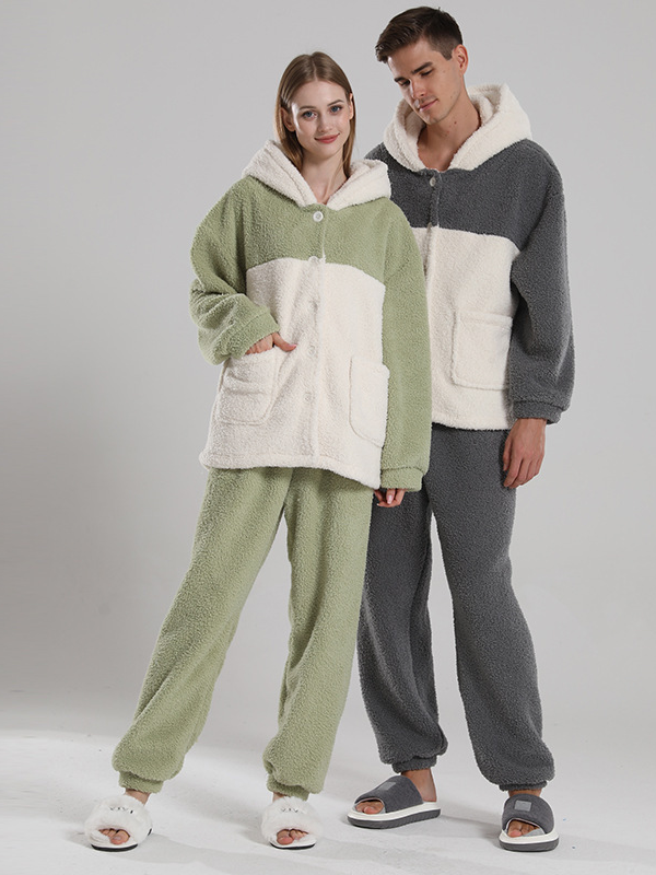 Flannel Loose Simple Long Sleeve Couple Pajama Set