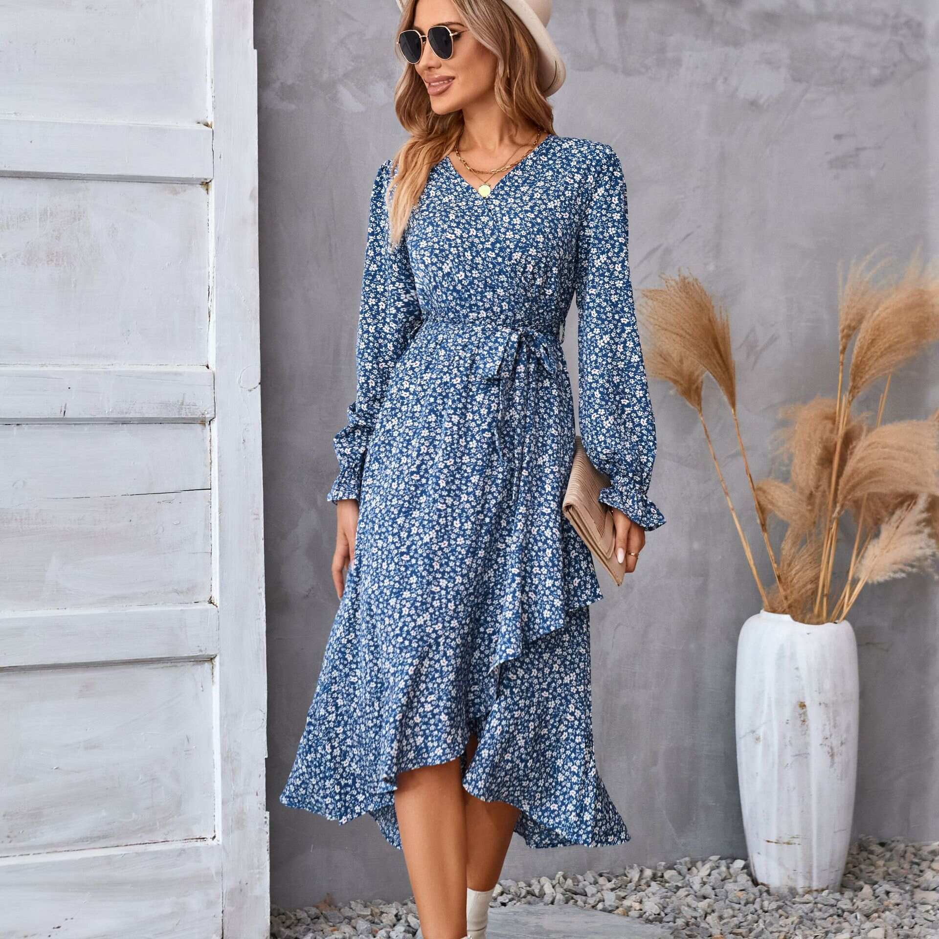 Women's long-sleeved printed dress latest style V-neck breathable and comfortable - Buy 3 and get free shipping