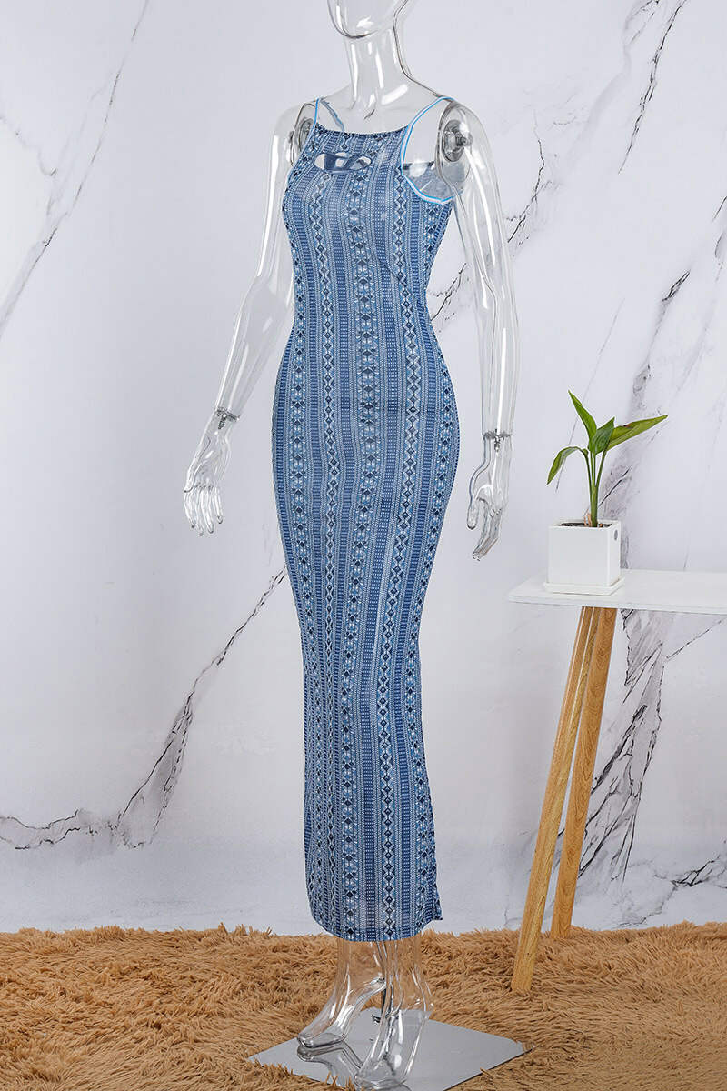 Blue Sexy Patchwork Hollowed Out Backless Spaghetti Strap Long Dress Dresses