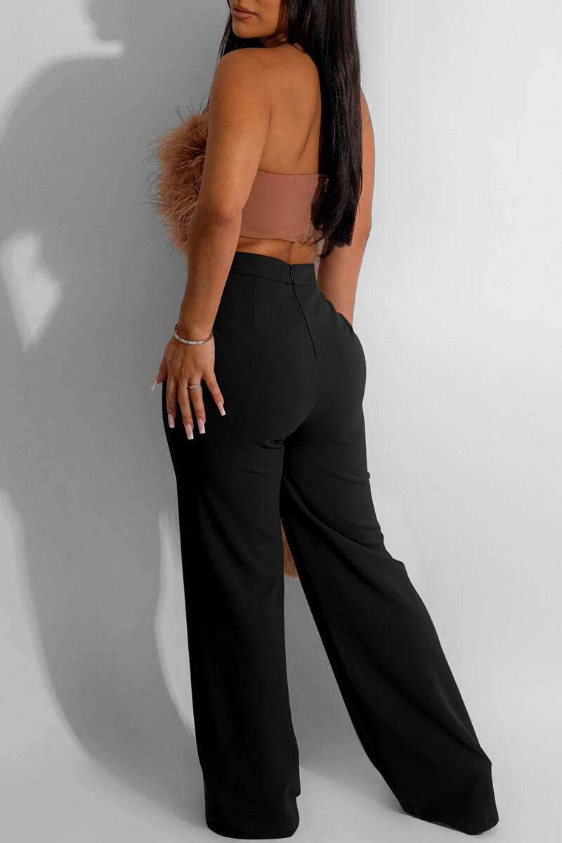 Black Casual Solid Basic Regular High Waist Conventional Solid Color Trousers