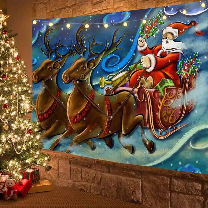 Christmas Decor LED Lights Wall Tapestry Santa Claus Christmas Tree Print