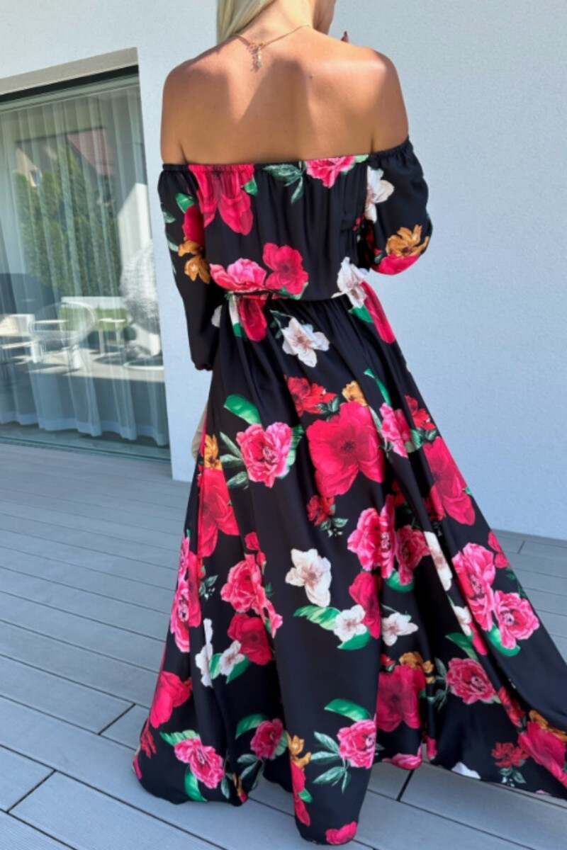 Black Red Casual Print Patchwork Off the Shoulder Long Dress Dresses