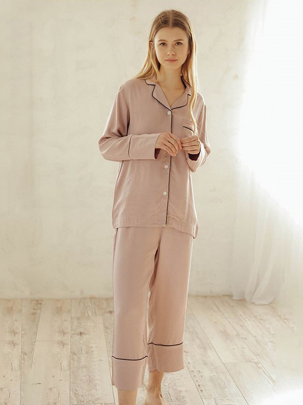 V Neck Simple Regular Fit Plain Long Sleeve Pajama Set