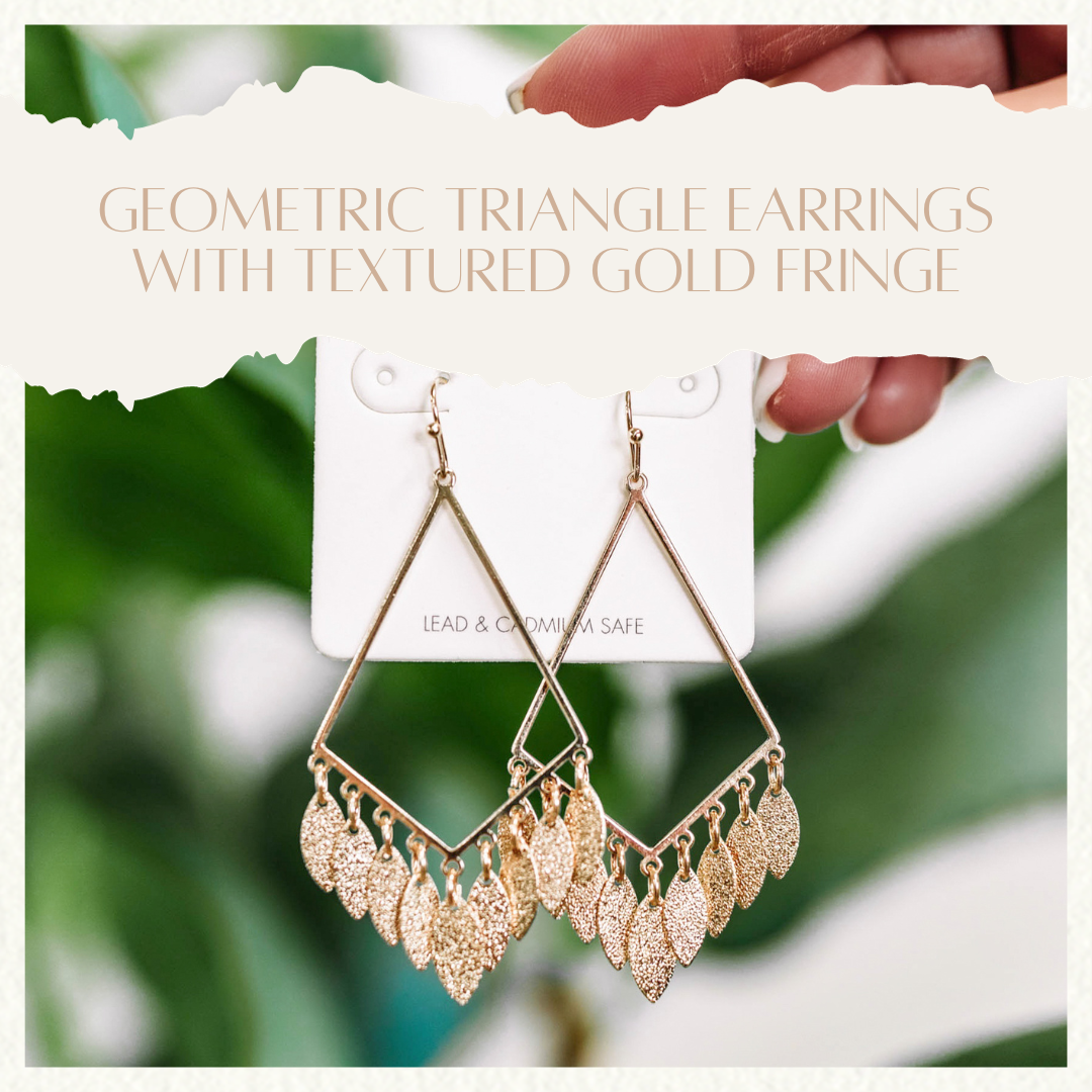 Geometric Triangle Earrings With Textured Gold Fringe