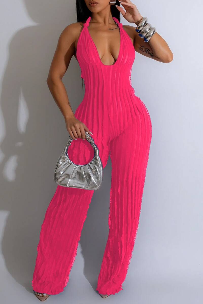 Rose Red Sexy Casual Solid Backless Halter Skinny Jumpsuits