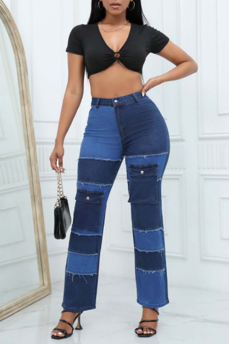 Blue Casual Patchwork Contrast High Waist Regular Denim Jeans