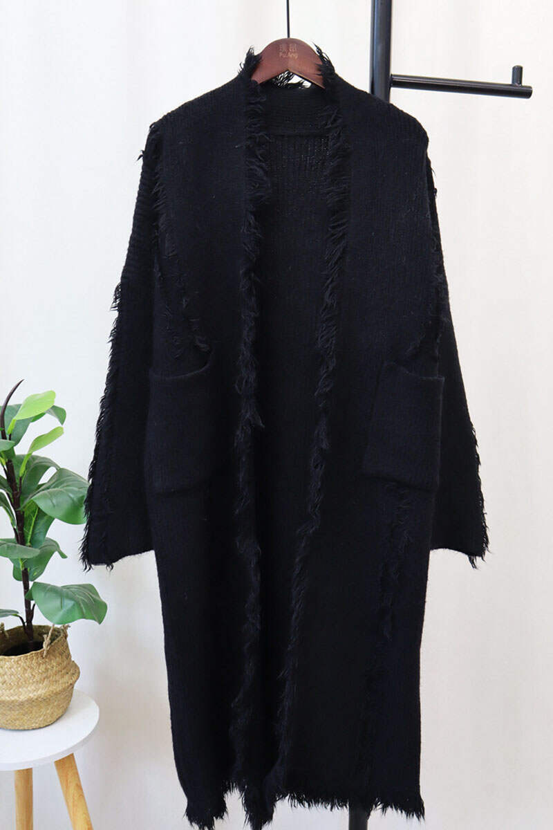 Black Casual Solid Tassel Patchwork Pocket Cardigan Collar Outerwear