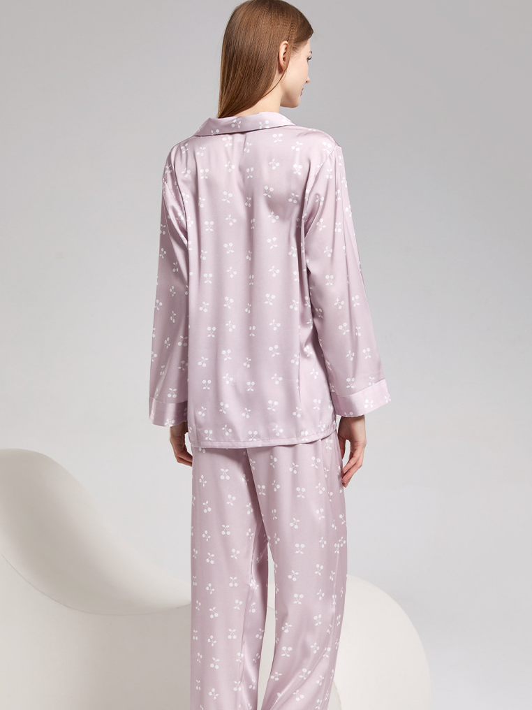 Elegant Ice Silk Floral V Neck Long Sleeve Pajama Set