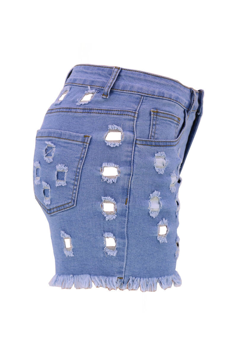 Light Blue Street Solid Hollowed Out Pocket Buttons Zipper Mid Waist Skinny Denim Shorts