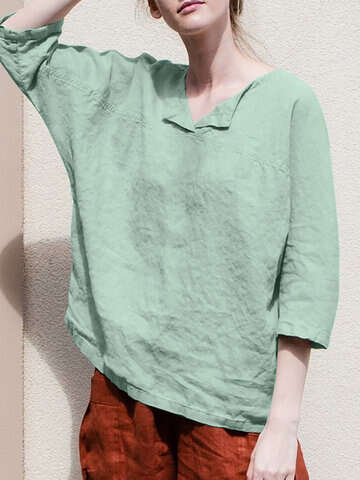 Women Blouses & Shirts | Solid 3/4 Sleeve Loose V-neck Casual Women Blouse - PI14885