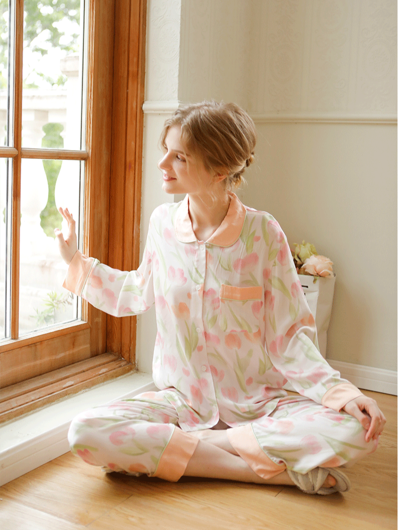 Floral Shawl Collar Simple Loose Long Sleeve Pajama Set