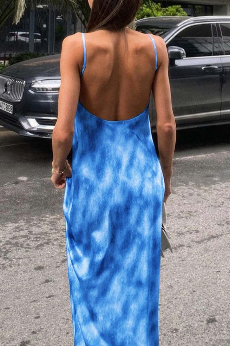 Blue Sexy Casual Print Backless Spaghetti Strap Long Dress Dresses