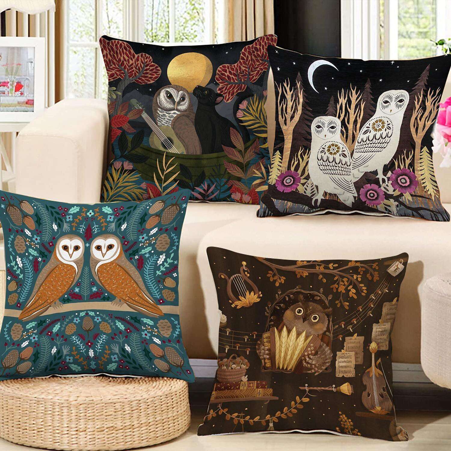 William Morris Owl Floral Plant Double Side Pillow Cover 4PC