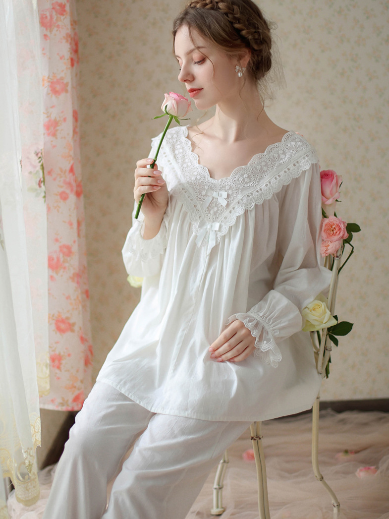 Elegant V Neck Loose Cotton Long Sleeve Pajama Set