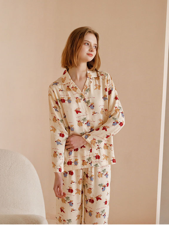 Vacation Loose Shawl Collar Rabbit Long Sleeve Pajama Set