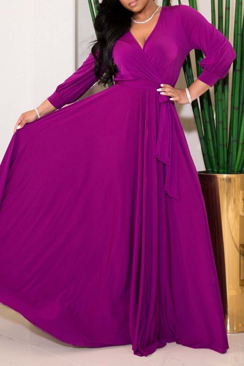 Fuchsia Fashion Casual Solid Bandage V Neck Long Sleeve Dresses