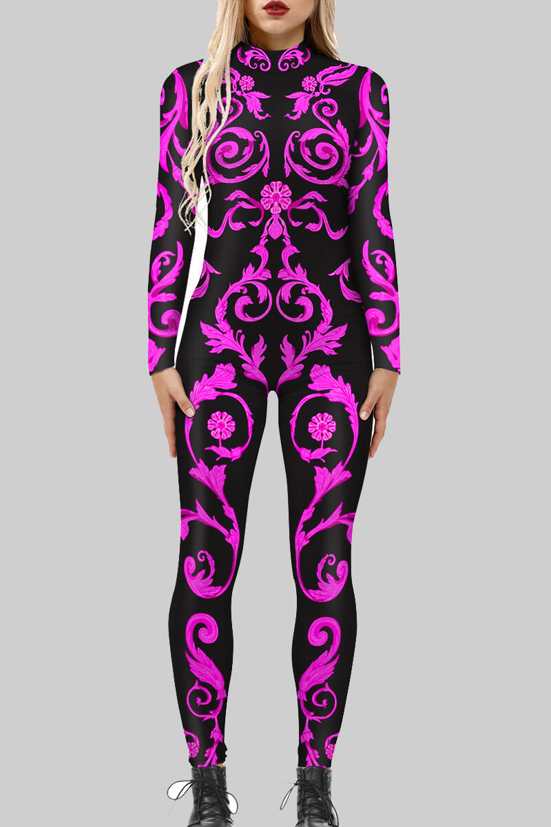 Purple Sexy Print Patchwork Zipper O Neck Skinny Jumpsuits