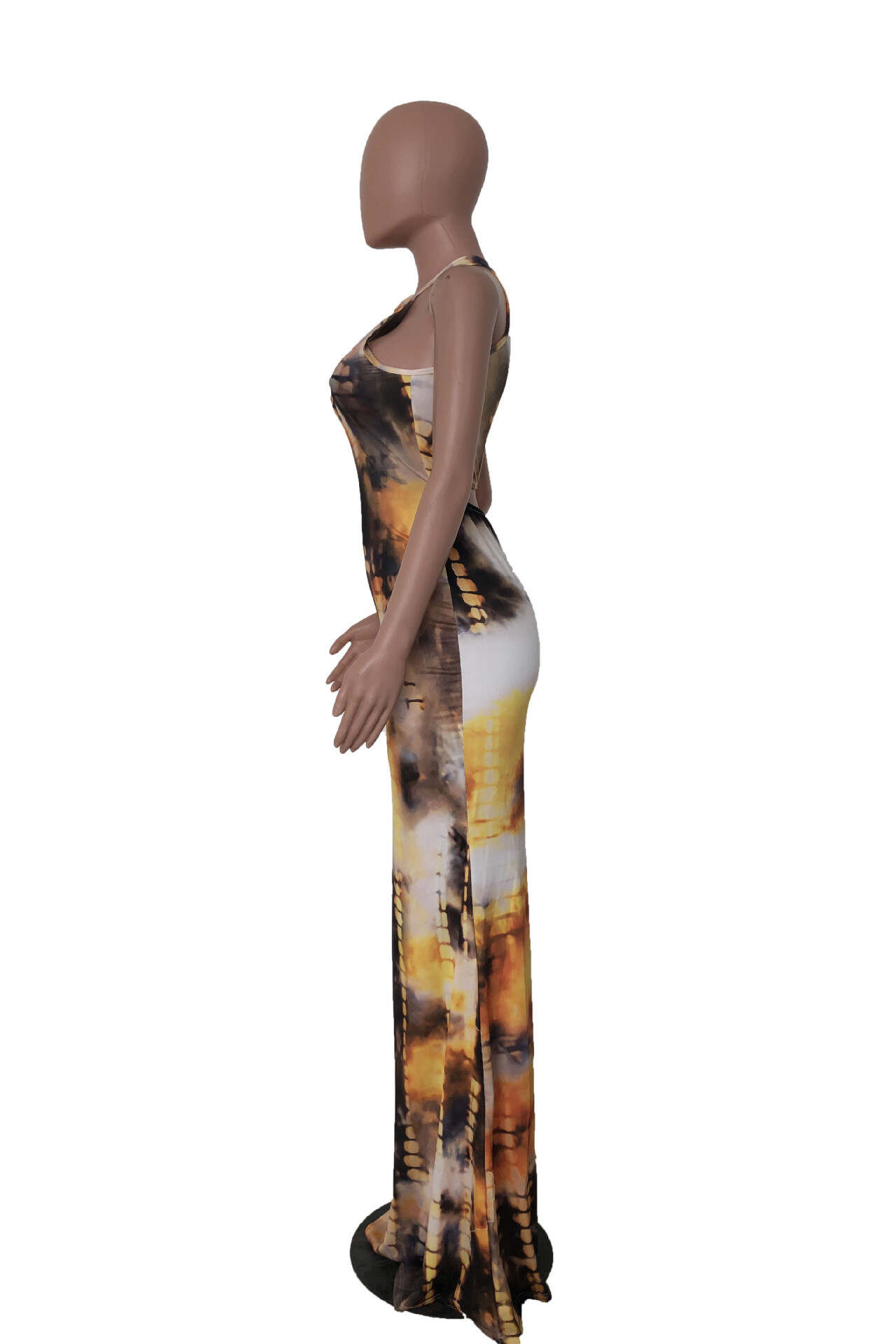 Yellow Fashion Sexy Print Tie-dye O Neck Sleeveless Dress