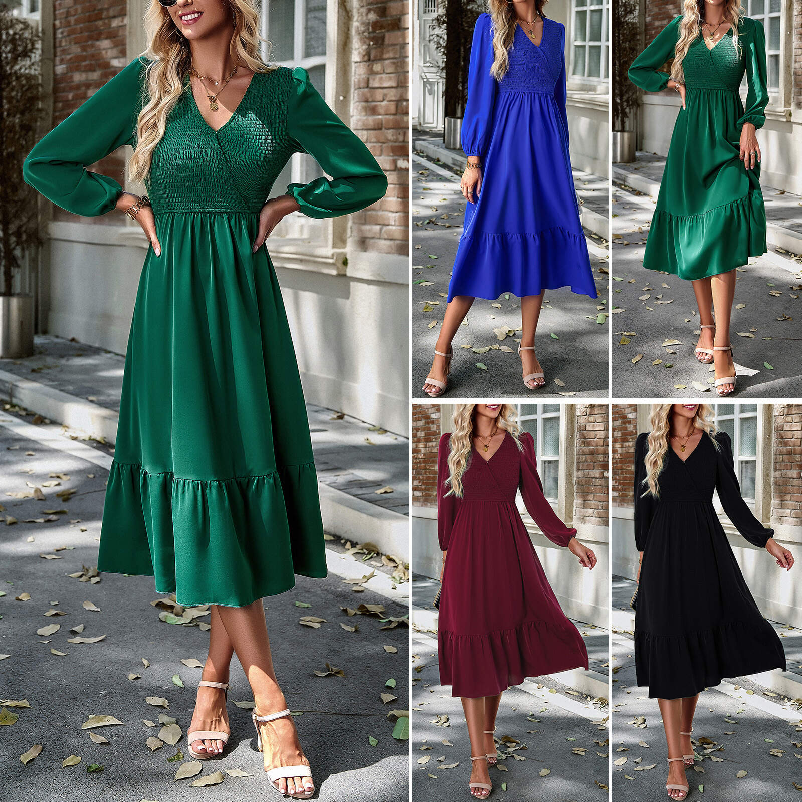 Latest style of women's long-sleeved solid color dress V-neck breathable and comfortable - Buy 3 and get free shipping